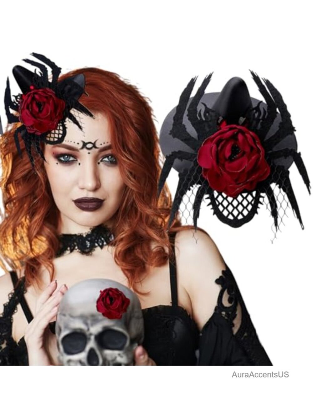 Gothic Witch Fascinator Hat Large Rose Spider Hair Clip Cosplay Party